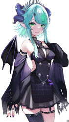  absurdres apricot_the_lich apricot_the_lich_(1st_costume) aqua_hair bad_id bad_pixiv_id blue_horns blush bow breasts bridal_gauntlets cleavage cleavage_cutout clothing_cutout demon_girl demon_horns demon_wings detached_sleeves eyes_visible_through_hair facial_mark female fingernails fishnets green_eyes hair_ornament hairclip highres horn_ornament horn_ring horns jewelry long_hair mini_wings multicolored_hair multiple_horns o-ring off_shoulder pineapple_(pine) purple_bow purple_nails ring simple_background single_thighhigh skull sleeves_past_wrists solo thigh_strap thighhighs tiara tongue tongue_out torn torn_clothes turtleneck virtual_youtuber vshojo white_background wings 