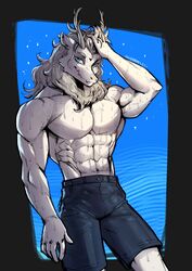  abs anthro ao_lie asian_mythology blue_bottomwear blue_clothing blue_eyes blue_jeans blue_pants bottomwear clothing denim denim_bottomwear denim_clothing dragon east_asian_mythology eastern_dragon fei_ren_zai_(non_human) fur grey_body grey_fur grey_hair grey_mane hair hi_res horn inugatami jeans looking_at_viewer male mane muscular muscular_male mythological_creature mythological_scalie mythology navel pants pecs scalie smile solo sparkles touching_hair wet wet_body white_body 