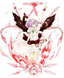  arm_above_head broken broken_chain chains commentary_request dress female hat highres light_purple_hair miserable_fate mob_cap n72 pink_dress pointing puffy_short_sleeves puffy_sleeves red_eyes remilia_scarlet short_sleeves solo spell_card touhou wrist_cuffs 