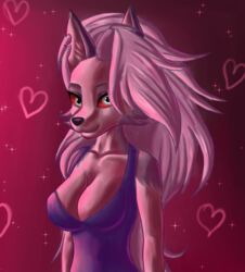  2022 absurd_res anthro big_breasts black_nose blue_clothing breasts canid canid_demon canine cleavage clothed clothing demon demongirl_demoness digital_drawing_(artwork) digital_media_(artwork) eyebrows female fur grey_body grey_fur grey_hair hair half-length_portrait heart_symbol hellhound helluva_boss hi_res inner_ear_fluff loona_(helluva_boss) mammal multicolored_body multicolored_fur mythological_canine mythological_creature mythology portrait red_sclera shaded simple_background solo star tuft white_body white_eyes white_fur 