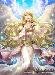  bad_id bad_twitter_id blonde_hair blue_sky cloud commentary_request company_name copyright_name dress feathered_wings fire_emblem fire_emblem:_path_of_radiance fire_emblem_cipher green_eyes leanne_(fire_emblem) long_hair long_sleeves official_art open_mouth sky uroko_(mnr) white_wings wings 