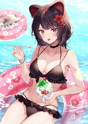  afloat animal_ears bikini black_bikini black_choker black_hair blush bracelet breasts cherry choker cleavage collarbone colored_tongue dog_ears drinking_straw female flower food frilled_bikini frills front-tie_bikini_top front-tie_top fruit hair_flower hair_ornament hat highres holding holding_drinking_straw innertube inui_toko jewelry large_breasts lens_flare long_hair looking_at_viewer multi-strapped_bikini navel necklace nijisanji outdoors red_eyes red_flower shaved_ice sidelocks solo spoon_straw straw_hat strawberry swim_ring swimsuit virtual_youtuber water wet yellow_eyes yoshiki1020 