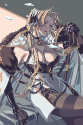  artist_name azur_lane black_bra black_gloves black_pantyhose blonde_hair blue_eyes bra bra_peek breasts cleavage coat dated dress elbow_gloves female flower fur-trimmed_coat fur_trim gloves hair_flower hair_ornament high_collar highres holding holding_sword holding_weapon kronshtadt_(azur_lane) lace lace_bra large_breasts lips long_hair monhsa open_clothes open_coat pantyhose sheath sheathed sitting solo sword teeth two-tone_dress underwear weapon white_coat white_dress white_flower 