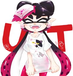  artist_name black_hair callie_(splatoon) character_print commentary cowboy_shot earrings emblem facing_viewer fangs female food food_on_head highres inkling jewelry judd_(splatoon) li&#039;l_judd_(splatoon) long_hair mole mole_under_eye object_on_head okome_2g2g open_mouth pantyhose pointy_ears purple_hair purple_pantyhose shirt shirt_tug short_sleeves signature simple_background smile solo splatoon_(series) squid standing swept_bangs t-shirt tentacle_hair text_background very_long_hair white_background white_shirt 