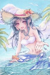  absurdres bird breasts brown_hat collarbone day female flower hat hat_flower highres looking_at_viewer mermaid monster_girl navel ocean open_mouth original outdoors outstretched_hand painting_(medium) palm_tree red_eyes red_flower seagull small_breasts solo straw_hat swimsuit tpamjdsta_(usatokurasu) traditional_media tree watercolor_(medium) 