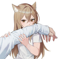  animal_ear_fluff animal_ears bad_id bad_pixiv_id biting biting_arm brown_eyes brown_hair cat_ears commentary crossed_bangs derivative_work dongho_kang english_commentary female hair_between_eyes highres holding_own_arm long_hair long_sleeves looking_at_viewer oerba_yun_fang original photo-referenced pov shirt simple_background solo_focus tsurime upper_body white_background white_shirt 