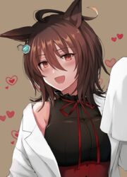  :d agnes_tachyon_(umamusume) ahoge alternate_costume animal_ears black_shirt blush breasts brown_background brown_hair coat commentary_request corset earrings female hair_between_eyes heart horse_ears horse_girl jewelry lab_coat large_breasts nazuka_(mikkamisaki) off_shoulder partial_commentary red_corset red_eyes red_ribbon ribbon shirt short_hair single_bare_shoulder single_earring sleeves_past_wrists smile solo umamusume white_coat 