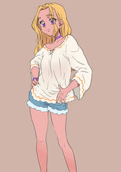  absurdres amamiya_elena bare_legs blonde_hair blouse brown_background choker cowboy_shot dark-skinned_female dark_skin denim denim_shorts expressionless eyes_visible_through_hair female forehead hair_down hands_on_own_hips highres long_hair long_sleeves mole mole_under_eye precure purple_choker purple_eyes purple_scrunchie scrunchie shirt short_shorts shorts sidelocks solo star_twinkle_precure tankobukids thick_eyebrows wrist_scrunchie 