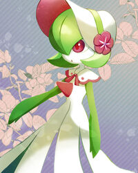  bob_cut bonnet capelet clothed_pokemon colored_skin commentary female flat_chest flower gardevoir gardevoir_(fashionable) green_hair green_skin hair_flower hair_ornament hair_over_one_eye mizoreame multicolored_skin open_mouth pokemon pokemon_(creature) pokemon_unite red_eyes red_flower short_hair solo standing striped striped_background two-tone_skin white_capelet white_headwear white_skin 