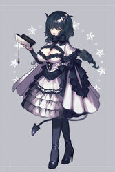  bad_id bad_pixiv_id between_breasts black_bow black_nails black_pantyhose book border bow breasts cleavage cleavage_cutout clothing_cutout cropped cross crossed_legs curled_horns demon_horns demon_tail dress drill_hair female film_grain fingernails frilled_dress frills full_body gem grey_background hair_between_eyes hatching_(texture) high_heels highres holding holding_book horizontal_pupils horns inverted_cross long_hair open_book open_mouth original oshiruko_(tsume) pantyhose purple_footwear purple_gemstone purple_horns purple_tail simple_background sleeves_past_fingers sleeves_past_wrists solo standing star_(symbol) tabletop_rpg tail watson_cross white_border white_dress yellow_eyes 