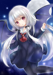  bad_id bad_pixiv_id bat_wings black_bow black_dress black_pantyhose blush bow dress female full_moon grey_hair hairbow highres long_hair mochizuki_riku moon night night_sky outdoors pantyhose red_eyes sailor_dress sky solo sophie_twilight tonari_no_kyuuketsuki-san very_long_hair wings 