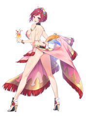  bikini braid breasts drink feathers female flamy_(idola) flower french_braid full_body hair_flower hair_ornament high_heels highres holding holding_drink idola_phantasy_star_saga looking_at_viewer official_art open_mouth phantasy_star phantasy_star_online_2 red_eyes red_hair sandals sarong sideboob solo standing swimsuit transparent_background 