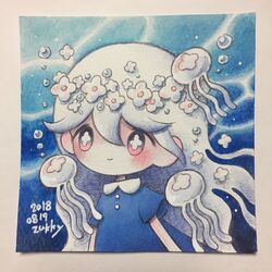  air_bubble blue_shirt blush bubble commentary_request dated female head_wreath highres jellyfish long_hair original personification red_eyes shirt signature smile symbol-shaped_pupils traditional_media underwater white_hair zukky000 