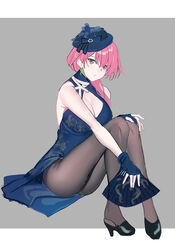  azur_lane black_footwear black_pantyhose black_prince_(azur_lane) black_prince_(fair_maid_spring)_(azur_lane) blue_dress blue_gloves breasts china_dress chinese_clothes cleavage commentary dress earrings echj elbow_gloves female gloves grey_background hat highres jewelry looking_at_viewer medium_breasts official_alternate_costume pantyhose photoshop_(medium) pink_eyes pink_hair shoes short_hair sitting solo 