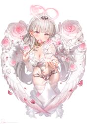  angel basket bird blush breasts bridal_veil chastity_belt cleavage closed_mouth collarbone commentary earrings feathered_wings female fingernails flower grey_hair halo heart heart-shaped_pupils heart_halo highres holding holding_flower jewelry key large_breasts long_hair navel original petals pink_eyes pink_flower pink_rose ring rose ryota_(ry_o_ta) signature simple_background smile solo symbol-only_commentary symbol-shaped_pupils thighhighs veil very_long_hair wedding_ring white_background white_thighhighs white_wings wings 