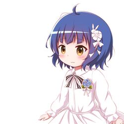  ahoge blue_hair blush bow brown_eyes closed_mouth collared_dress commentary_request dress fang_out female flower gochuumon_wa_usagi_desu_ka? goth_risuto hair_flower hair_ornament hairbow jouga_maya long_sleeves oerba_yun_fang puffy_long_sleeves puffy_sleeves rabbit_hair_ornament short_hair simple_background sleeves_past_wrists smile solo white_background white_bow white_dress white_flower 