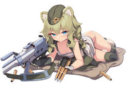  animal_ear_fluff animal_ears bear_ears bear_girl blue_eyes boots braid breasts clip_(weapon) female frown gloves green_hair hat highres holding_clip_(weapon) knee_pads long_hair looking_at_viewer lying on_side original panties ptrs-41 sgt-jz simple_background small_breasts solo tank_top thick_eyebrows underwear white_background 