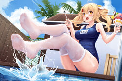  :d absurdres ahoge allenes bare_arms blonde_hair blue_one-piece_swimsuit blush breasts building chain-link_fence collarbone crossed_legs cup egg_hair_ornament feet female fence food-themed_hair_ornament foot_focus foreshortening full_body hair_between_eyes hair_ornament highres holding holding_cup holding_spoon kaguyano large_breasts long_hair looking_at_viewer mayonnaise_(kaguyano) no_shoes one-piece_swimsuit open_mouth outdoors parfait poolside school_swimsuit smile soles solo spoon swimsuit thighhighs toes twintails water wet wet_clothes wet_legwear white_thighhighs wooden_fence yellow_eyes 