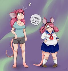  2019 annoyed anthro anthro_to_human armor barefoot before_and_after blush bottomwear braces breasts buckteeth clothing dialogue english_text eyewear fake_ears fake_mouse_ears fake_tail feet female glasses hair hi_res human lisp looking_up mammal mentalcrash murid murine overweight overweight_female pink_hair rat rodent school_uniform shirt shorts shrinking shrinking_breast simple_background size_transformation solo species_transformation standing teeth text topwear transformation twintails uniform weight_gain 