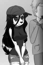  anthro bottomwear breasts bridgette_(thighlordash) canid canine canis clothing cutoffs denim denim_bottomwear denim_clothing dipstick_tail domestic_dog duo female fur grey_background greyscale hair hat headgear headwear hi_res human hunting_dog long_hair looking_at_another male mammal markings monochrome multicolored_body multicolored_fur shirt short_hair shorts simple_background smile standing tail tail_markings terrier thighlordash topwear two_tone_body two_tone_fur 