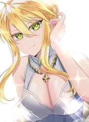  absurdres ahoge artoria_pendragon_(fate) artoria_pendragon_(swimsuit_ruler)_(fate) artoria_pendragon_(swimsuit_ruler)_(second_ascension)_(fate) bare_shoulders blonde_hair blush braid breasts cleavage_cutout clothing_cutout fate/grand_order fate_(series) female french_braid green_eyes hair_between_eyes hair_bun highres jewelry kankitsu_kei large_breasts long_hair looking_at_viewer necklace one-piece_swimsuit sidelocks smile solo sparkle swimsuit white_one-piece_swimsuit 