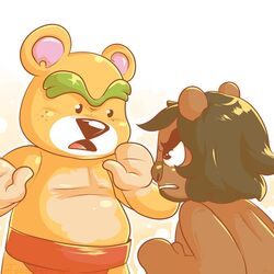  1:1 2020 animal_crossing anthro bear black_nose brown_body brown_fur duo felid fur jubei_(animal_crossing) lion male mammal nate_(animal_crossing) nintendo pantherine simple_background slightly_chubby sumo toaster_aaa 