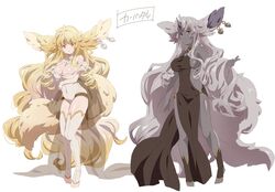  2girls animal_ears bare_shoulders blonde_hair breasts carbuncle_(granblue_fantasy) cleavage commentary_request dark-skinned_female dark_skin drill_hair earrings granblue_fantasy highres horns humanization jewelry large_breasts large_ears long_hair looking_at_viewer multiple_girls pelvic_curtain pochi-a simple_background single_horn tail thighhighs translated very_long_hair white_background white_legwear yellow_eyes 