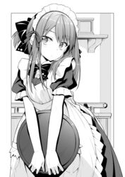  apron blush bow breasts commentary_request dress female frilled_apron frills greyscale hair_between_eyes headdress highres holding holding_tray ina_(inadahime) looking_at_viewer maid maid_apron maid_headdress medium_hair monochrome original puffy_short_sleeves puffy_sleeves short_sleeves sidelocks small_breasts solo tray tsubaki-chan_(ina_(inadahime)) 