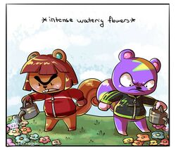  2020 angry animal_crossing anthro biped brown_body clothed clothing duo english_text flower hazel_(animal_crossing) mammal nintendo outside plant purple_body rodent sciurid static_(animal_crossing) text toaster_aaa tree_squirrel watering watering_can 