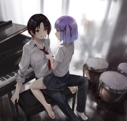  2girls absurdres barefoot black_hair black_pants black_ribbon black_skirt bongo_drums collarbone collared_shirt curtains drum earrings feet gradient_hair grand_piano hair_ornament hair_ribbon highres holding_necktie instrument iris_black_games jewelry kisaragi_ren_(vtuber) looking_at_another multicolored_hair multiple_girls necktie pants parted_bangs parted_lips piano piano_bench pleated_skirt purple_hair red_eyes red_hair red_necktie ribbon shinomiya_runa shirt short_hair sitting skirt sleeves_rolled_up socks soles straddling virtual_youtuber vspo! white_shirt white_socks x_hair_ornament yellow_eyes yuri zen_juraku 