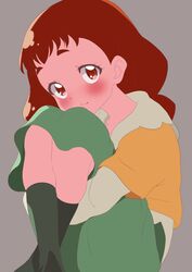  absurdres arisugawa_himari blouse blush braid brown_eyes brown_hair close-up female green_skirt green_socks grey_background highres hugging_own_legs kirakira_precure_a_la_mode knees_up long_hair long_skirt looking_at_viewer low-braided_long_hair low-tied_long_hair precure shirt simple_background skirt smile socks solo tankobukids twin_braids yellow_shirt 