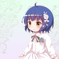  ahoge blue_hair blush bow brown_eyes closed_mouth collared_dress commentary_request dress fang_out female flower gochuumon_wa_usagi_desu_ka? goth_risuto hair_flower hair_ornament hairbow heart jouga_maya long_sleeves oerba_yun_fang puffy_long_sleeves puffy_sleeves rabbit_hair_ornament short_hair sleeves_past_wrists smile solo white_bow white_dress white_flower 