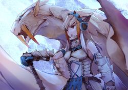  animal_ears arknights armor barioth barioth_(armor) closed_mouth commentary_request crossover e-bushi female fox_ears fox_girl frostleaf_(arknights) gauntlets grey_hair headphones helmet highres monster_hunter_(series) navel upper_body weapon 