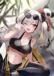  ;d animal_ears arknights black_hair black_pants black_sports_bra breasts commentary_request crop_top feater_(arknights) feater_(dojo_star)_(arknights) female highres indian_style leggings long_hair looking_at_viewer midriff multicolored_hair navel oerba_yun_fang one_eye_closed open_mouth orange_eyes panda panda_ears pants saiko_(saisaka) sitting skin_fang smile solo sports_bra stomach streaked_hair twintails white_hair 