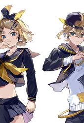  1boy backwards_hat baseball_cap black_bow black_jacket black_pants black_sailor_collar black_serafuku black_shirt black_skirt blonde_hair blue_eyes bow bow_hairband brother_and_sister chains crop_top female hair_ornament hairband hairclip hat headphones highres jacket kagamine_len kagamine_rin karasu_btk long_sleeves miniskirt neckerchief own_hands_together pants pleated_skirt rettou_joutou_(vocaloid) sailor_collar school_uniform serafuku shirt short_hair short_ponytail siblings simple_background skirt sleeve_cuffs sweater vocaloid white_background white_sweater yellow_bow yellow_neckerchief 