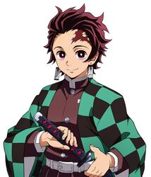  1boy belt belt_buckle black_hair brown_hair brown_jacket buckle burn_scar checkered demon_slayer_uniform earrings hanafuda_earrings haori highres holding holding_sword holding_weapon jacket japanese_clothes jewelry kamado_tanjirou kimetsu_no_yaiba long_sleeves looking_at_viewer male_focus multicolored_hair red_eyes scar sheath sheathed short_hair simple_background solo sword two-tone_hair unsheathing upper_body weapon white_background white_belt yoshinatsu 