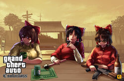  3girls ak-47 assault_rifle benikurage_(cookie) black_hair bottle bow brown_eyes brown_hair bus_stop bus_stop_sign cigarette cirno cirno_(cookie) closed_mouth cloud collared_shirt commentary_request cookie_(touhou) cup fence frilled_bow frills grand_theft_auto grand_theft_auto:_san_andreas gun hair_tubes hairbow hakurei_reimu highres holding holding_gun holding_weapon kalashnikov_rifle looking_at_viewer looking_to_the_side medium_hair megafaiarou_(talonflame_810) multiple_girls open_mouth red_bow red_eyes red_shirt reu_(cookie) rifle sake_bottle sananana_(cookie) shirt short_hair sitting sky smoking sunglasses t-shirt table touhou upper_body utility_pole wand weapon yellow_shirt yellow_sky yin_yang yunomi 