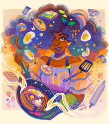  artist_name bacon bagel banana big_hair big_nose blue_eyes blue_hair border bow bracelet breasts bunch_of_bananas commentary crouton cup curly_hair dark-skinned_female dark_skin earrings egg_(food) english_commentary female food food-themed_earrings food_on_hair fried_egg frilled_sleeves frills fruit frying_pan geneva_bowers green_bow green_mittens green_nails hair_over_one_eye hairbow holding holding_frying_pan jewelry long_hair looking_to_the_side mittens multicolored_hair necklace orange_hair original outside_border oven_mitts pancake parted_lips pearl_necklace pepper_shaker purple_hair purple_lips rolling_pin salt_shaker see-through_sleeves single_mitten smile solo spatula star-shaped_pupils star_(symbol) strawberry symbol-shaped_pupils toast upper_body very_dark_skin waffle watermark 