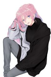  adjusting_hair black_jacket black_sweater blue_eyes breasts commentary feet_out_of_frame female grey_pants hair_between_eyes half_updo hand_in_own_hair hands_in_hair highres hood hooded_jacket jacket kawaii_dake_ja_nai_shikimori-san knee_up long_hair long_sleeves looking_at_viewer maki_keigo medium_breasts multicolored_clothes multicolored_jacket open_mouth oversized_clothes pants pink_hair ponytail ribbed_sweater shikimori_(kawaii_dake_ja_nai) simple_background sitting sleeves_past_fingers sleeves_past_wrists smile solo sweater turtleneck turtleneck_sweater two-tone_jacket white_background white_jacket 