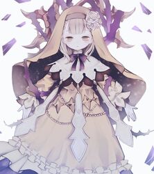  bad_id bad_pixiv_id beads blonde_hair blunt_bangs blush briar_rose_(sinoalice) dim00 dress female flower frilled_dress frills highres looking_at_viewer open_mouth outstretched_arms parted_lips plant ribbon rose short_hair simple_background sinoalice thorns veil vines white_background yellow_eyes 