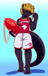  anthro black_body blonde_hair bottomwear clothed clothing conditional_dnp feet hair hair_over_eyes hi_res lifeguard lounge_(character) male mammal mustelid otto0ttsy red_bottomwear red_clothing red_topwear rescue rescue_buoy shirt simple_background smile solo tank_top toes topwear whistle_(disambiguation) 