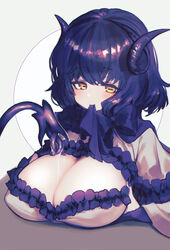  blush bow breasts cleavage closed_mouth covered_nipples curled_horns demon_horns demon_tail eyeshadow female fingernails frills hair_between_eyes hands_on_own_breasts horizontal_pupils horns long_fingernails makeup mouth_hold original oshiruko_(tsume) purple_bow purple_eyes purple_eyeshadow purple_hair purple_horns purple_nails purple_tail short_hair slime_(substance) smile solo tabletop_rpg tail very_long_fingernails yellow_eyes 