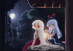  2girls absurdly_long_hair absurdres arms_at_sides bamboo bamboo_forest blue_dress blue_eyes blue_hair blue_headwear bright_pupils brushing_another&#039;s_hair brushing_hair candle comb commentary crescent_moon dress eyebrows_hidden_by_hair fire forest fujiwara_no_mokou hair_between_eyes hat highres holding holding_another&#039;s_hair holding_comb juliet_sleeves kamishirasawa_keine light_blue_hair long_hair long_sleeves looking_at_viewer looking_to_the_side moon multiple_girls nature neckerchief night night_sky no_mouth pants puffy_short_sleeves puffy_sleeves red_eyes red_neckerchief red_pants seiza shirt short_sleeves sitting sky suspenders sweet_reverie tokin_hat touhou veranda very_long_hair white_hair white_pupils white_shirt 