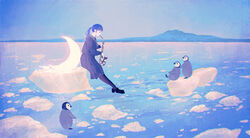  animal bird black_footwear black_legwear black_skirt commentary crescent english_commentary female holding holding_instrument holding_saxophone ice iceberg instrument long_hair long_sleeves music ocean original outdoors pantyhose penguin penguin_chick playing_instrument ponytail sailor_collar saxophone scenery school_uniform serafuku skirt sky tabi_(tabisumika) water 