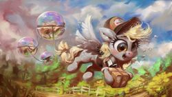  16:9 2020 assasinmonkey blush box bubble clothing container derpy_hooves detailed_background digital_media_(artwork) digital_painting_(artwork) equid equine eyebrows eyelashes fence feral flying friendship_is_magic hasbro hat headgear headwear hi_res mammal my_little_pony mythological_creature mythological_equine mythology open_mouth outside pegasus rope solo widescreen wings 