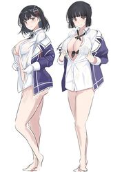  2girls bare_legs black_hair blush braid braided_bun brown_eyes brown_hair full_body haguro_(kancolle) haguro_kai_ni_(kancolle) hair_bun hair_ornament hairclip jacket kantai_collection ken_(shutenndouji1) long_hair long_sleeves looking_at_viewer military multiple_girls myoukou_(kancolle) myoukou_kai_ni_(kancolle) neckerchief_between_breasts no_panties no_pants open_clothes open_shirt purple_jacket short_hair single_hair_bun smile 