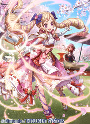  2girls black_bow blonde_hair blue_sky bow cherry_blossoms closed_mouth commentary_request company_name copyright_name dress earrings elise_(fire_emblem) fire_emblem fire_emblem_cipher fire_emblem_fates fumi_(butakotai) grass hairband hairbow holding holding_staff instrument japanese_clothes jewelry koto_(instrument) long_hair multicolored_hair multiple_girls official_art open_mouth outdoors petals photoshop_(medium) pink_eyes pink_hair purple_eyes sakura_(fire_emblem) short_hair sky staff tree twintails umbrella white_hairband 