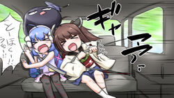  &gt;_&lt; 2girls :d ahoge bangs black_headwear black_legwear blue_hair blue_headwear blue_skirt brown_hair car_interior closed_eyes commentary dress eel_hat eyebrows_visible_through_hair feet_out_of_frame hair_ornament hairclip hat headgear highres japanese_clothes kimono leaning_on_person long_hair low_twintails mortarboard multiple_girls neon-tetora obi oerba_yun_fang open_mouth otomachi_una pantyhose pleated_skirt purple_dress sailor_collar sailor_dress sash seatbelt skirt sleeveless sleeveless_dress smile socks talkex touhoku_kiritan translated twintails v-shaped_eyebrows very_long_hair voiceroid white_kimono white_legwear white_sailor_collar xd 