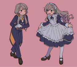  2girls :d apron black_dress black_jacket black_pants blush_stickers bow bowing braid brown_eyes brown_footwear curtsey dress frilled_apron frills full_body green_eyes green_ribbons hair_ribbon hairbow hisakawa_hayate hisakawa_nagi idolmaster idolmaster_cinderella_girls idolmaster_cinderella_girls_starlight_stage jacket juliet_sleeves loafers long_hair long_sleeves looking_at_another low_twintails maid maid_headdress mary_janes multiple_girls neck_ribbon niyororinpayamaru one_eye_closed open_mouth orange_bow orange_ribbon pants pantyhose pink_background puffy_sleeves ribbon shoes siblings skirt_hold smile socks tuxedo twins twintails white_apron white_legwear 