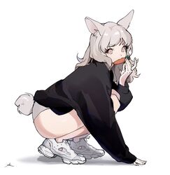  animal_ear_fluff animal_ears black_hoodie carrot commentary eyelashes female fingernails food food_in_mouth full_body grey_background grey_hair grey_panties highres hood hoodie kimura_731 long_eyelashes long_fingernails long_hair looking_at_viewer mouth_hold original panties pink_eyes rabbit_tail shiny_skin shoes signature simple_background sleeves_past_wrists sneakers solo squatting symbol-only_commentary tail underwear vegetable very_long_fingernails white_footwear 